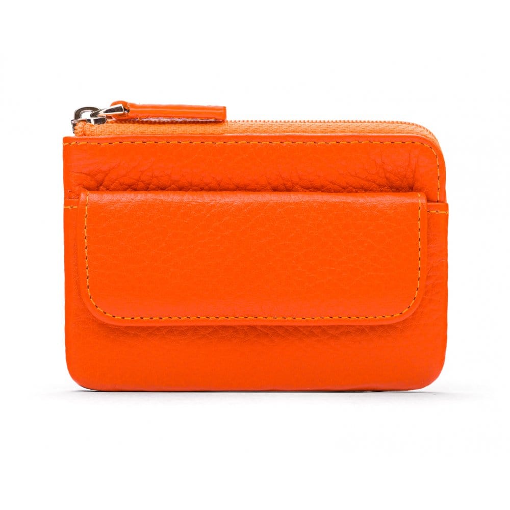 Small leather zip coin purse, orange, front