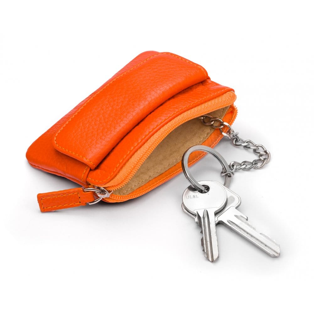 Small leather zip coin purse, orange, with key chain