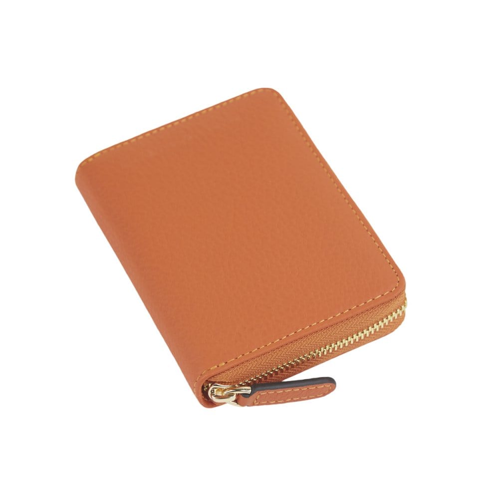 Small leather zip around coin purse, orange, front