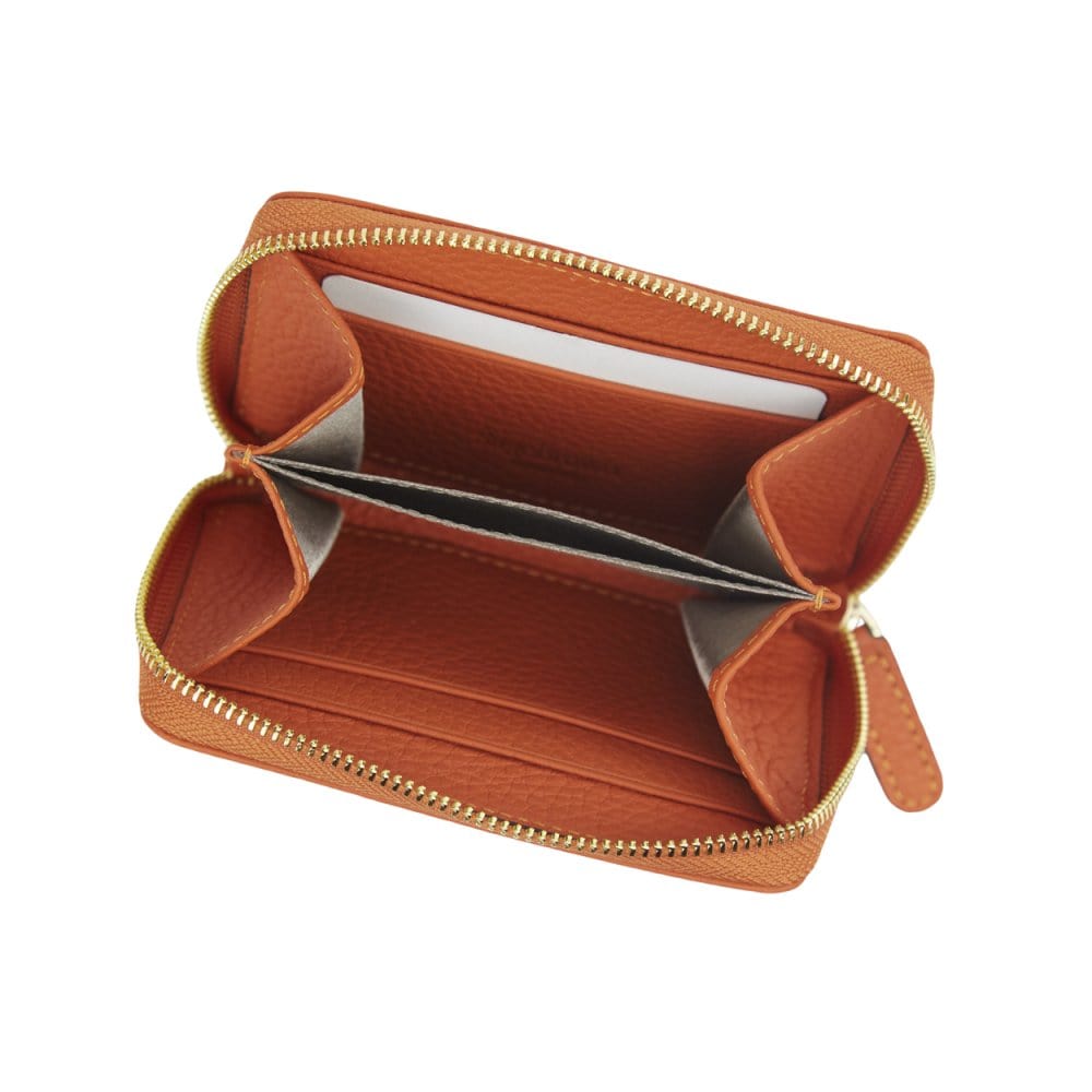 Small leather zip around coin purse, orange, open