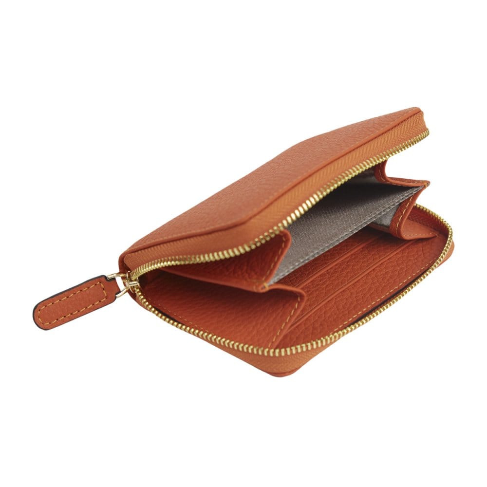 Small leather zip around coin purse, orange, interior