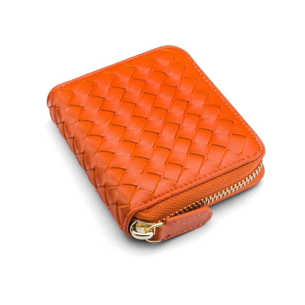 Small zip around woven leather accordion purse, orange, front
