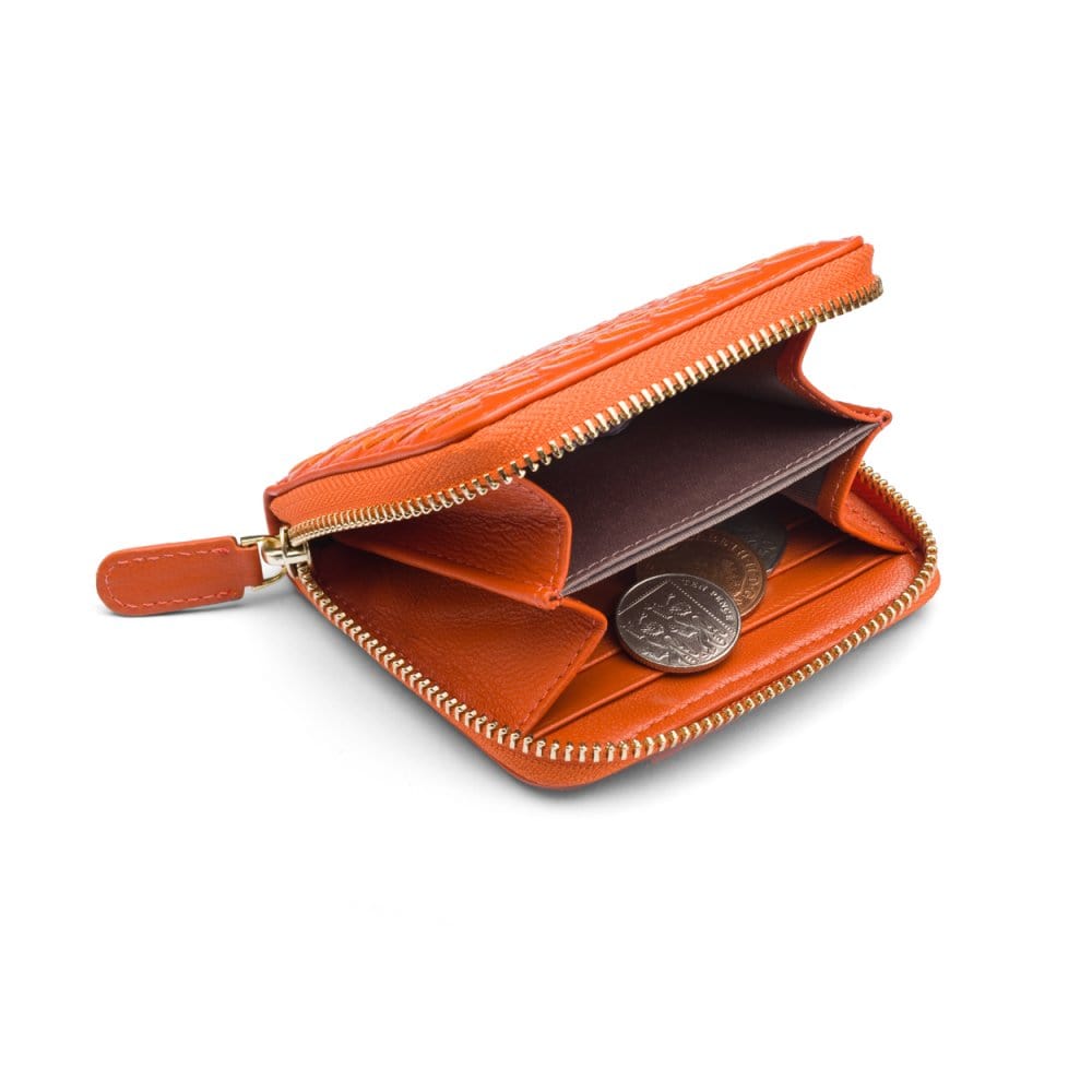 Small zip around woven leather accordion purse, orange, inside