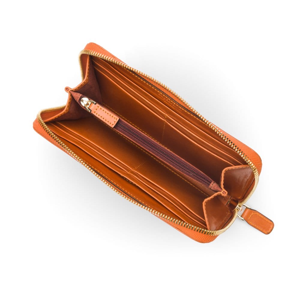 Tall leather zip around accordion purse, orange, inside