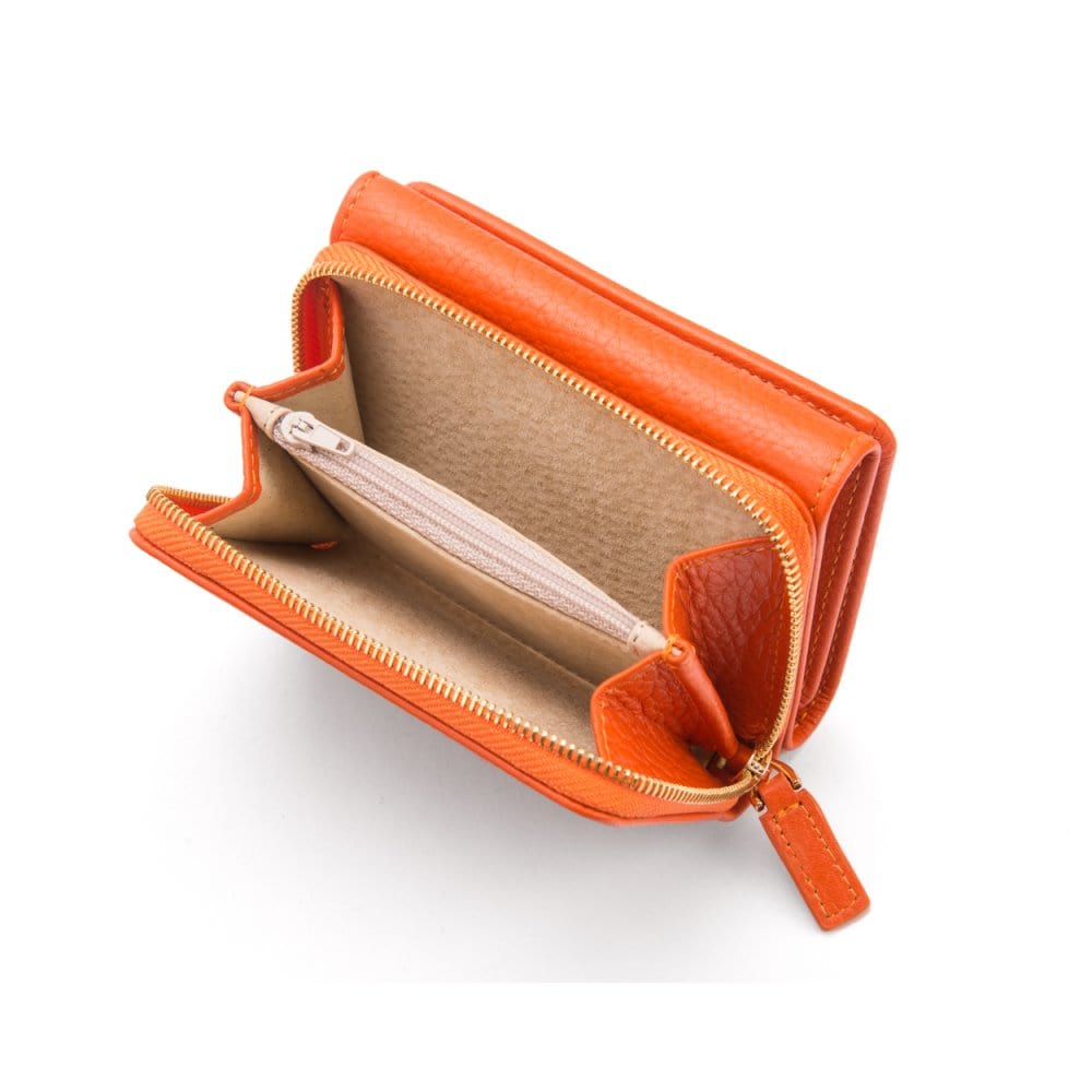 RFID blocking leather tri-fold purse, orange, open
