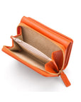 RFID blocking leather tri-fold purse, orange, open