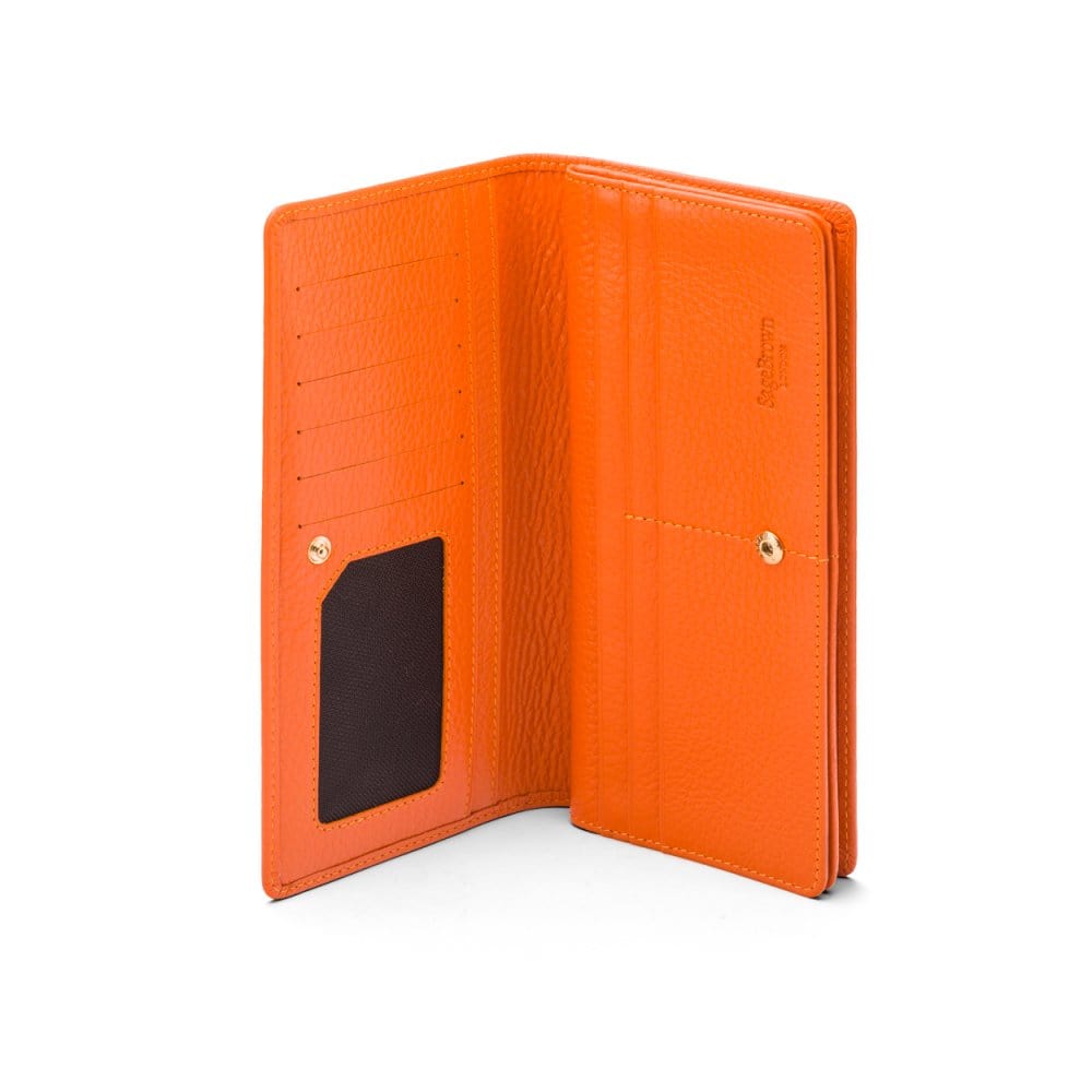 Tall leather Trinity purse, orange, open