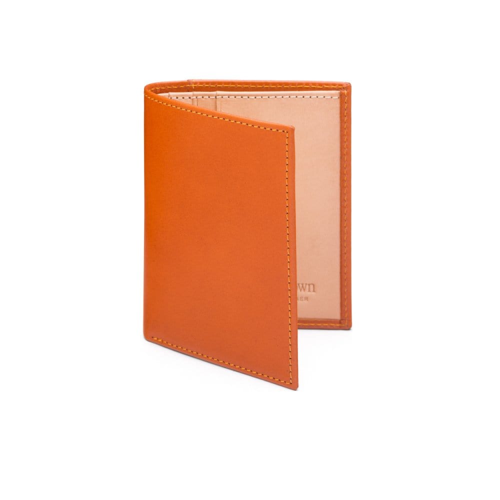 Two tone compact leather billfold wallet with 4 cc, orange, front