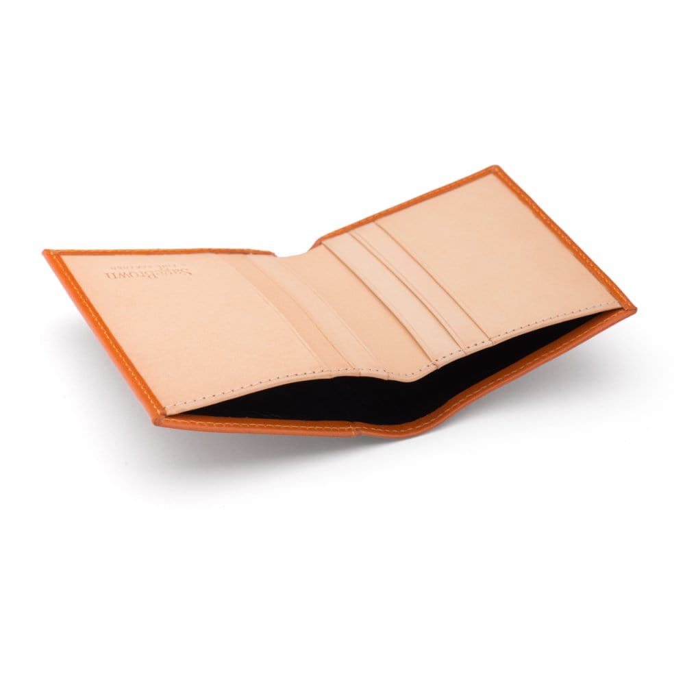 Two tone compact leather billfold wallet with 4 cc, orange, open