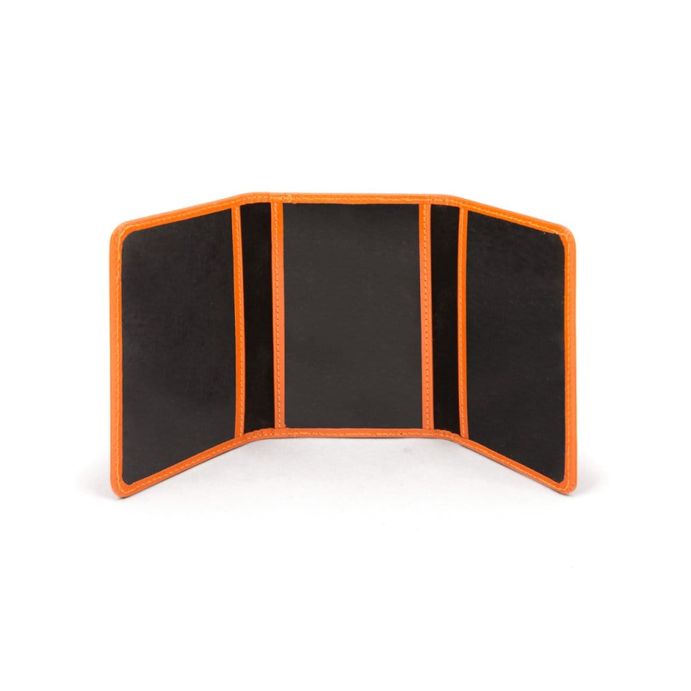 Leather tri-fold travel card holder, orange, open