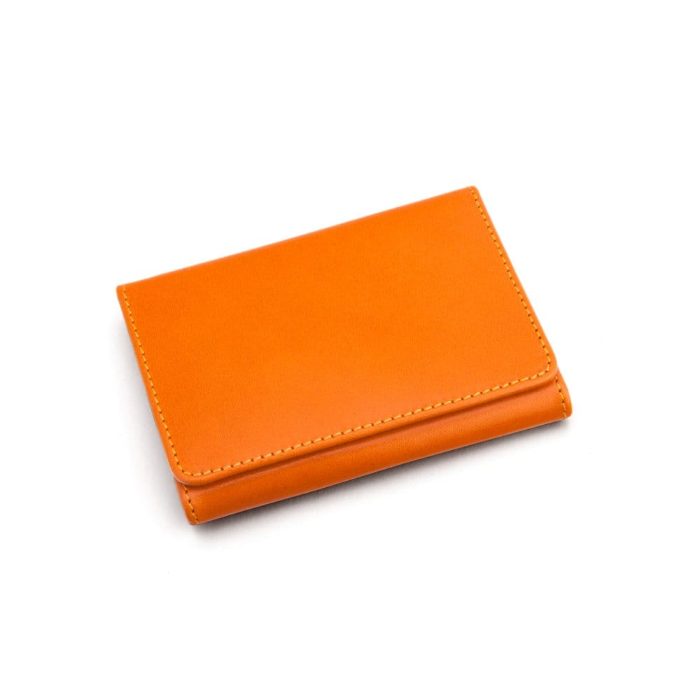 Leather tri-fold travel card holder, orange, front