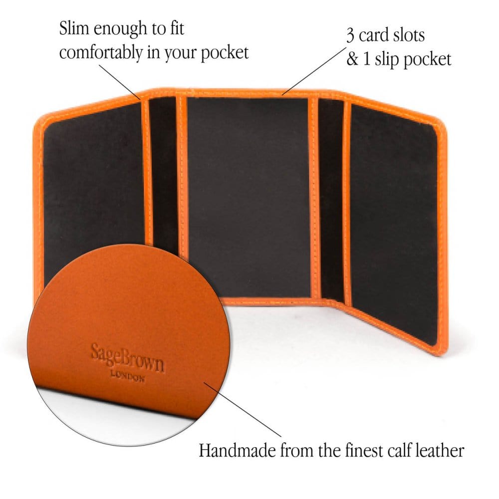 Leather tri-fold travel card holder, orange, features