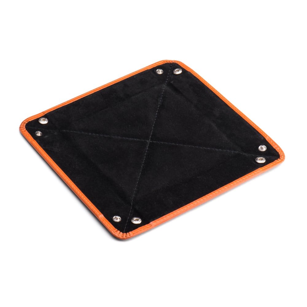 Leather valet tray, orange with black, flat