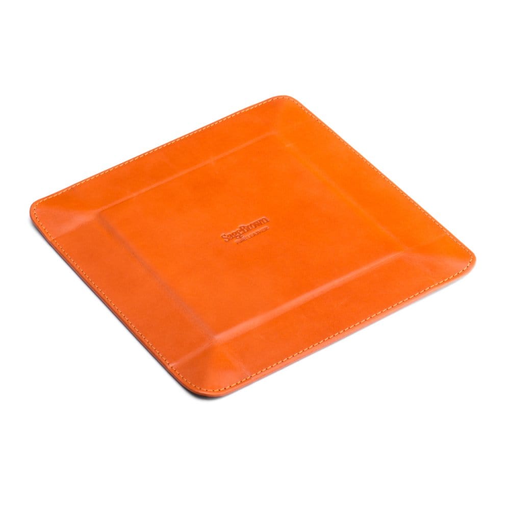 Leather valet tray, orange with black, flat base