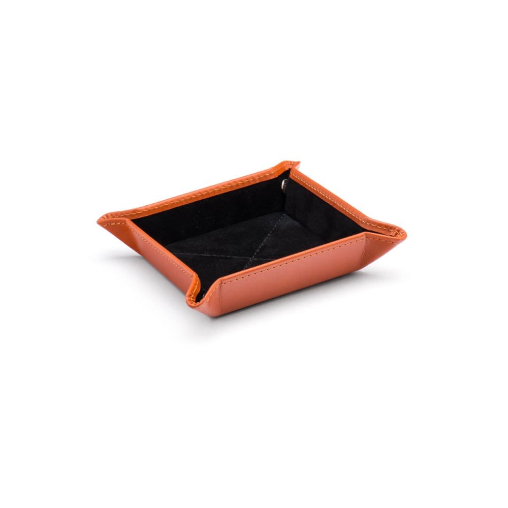 Small leather valet tray, orange with black, front