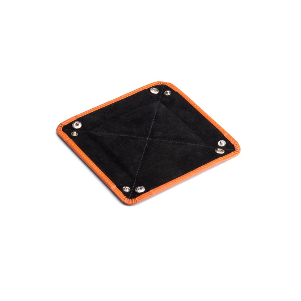 Small leather valet tray, orange with black, open