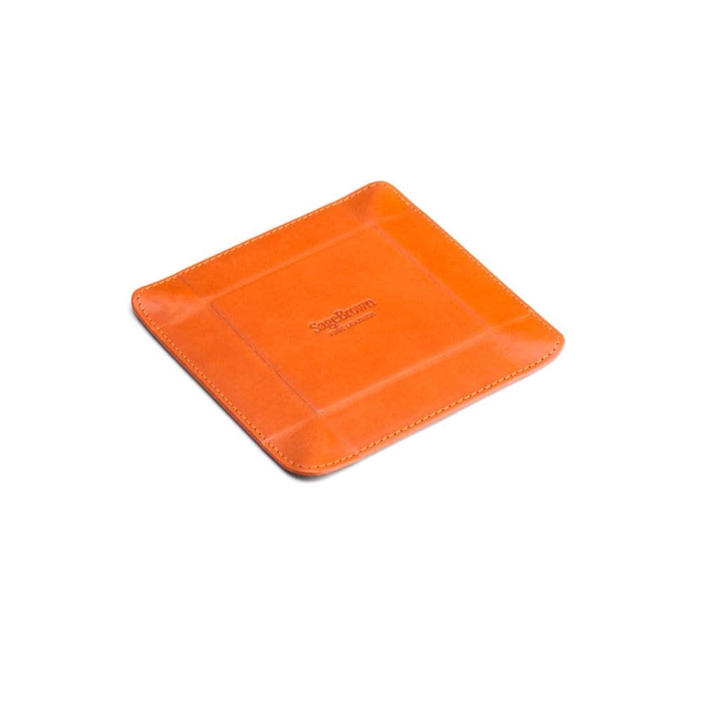 Small leather valet tray, orange with black, reverse