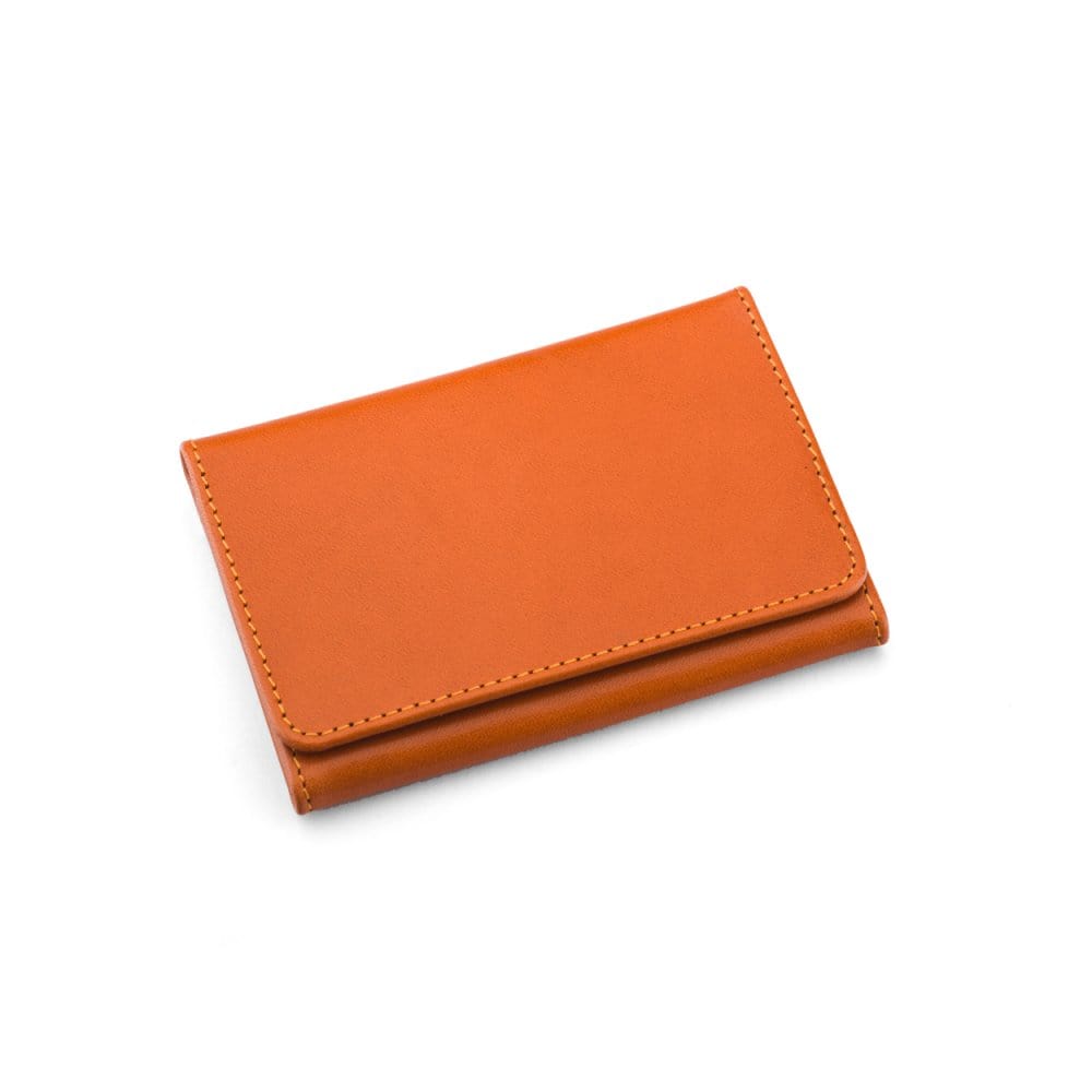 Leather tri-fold travel card holder, orange with red, front