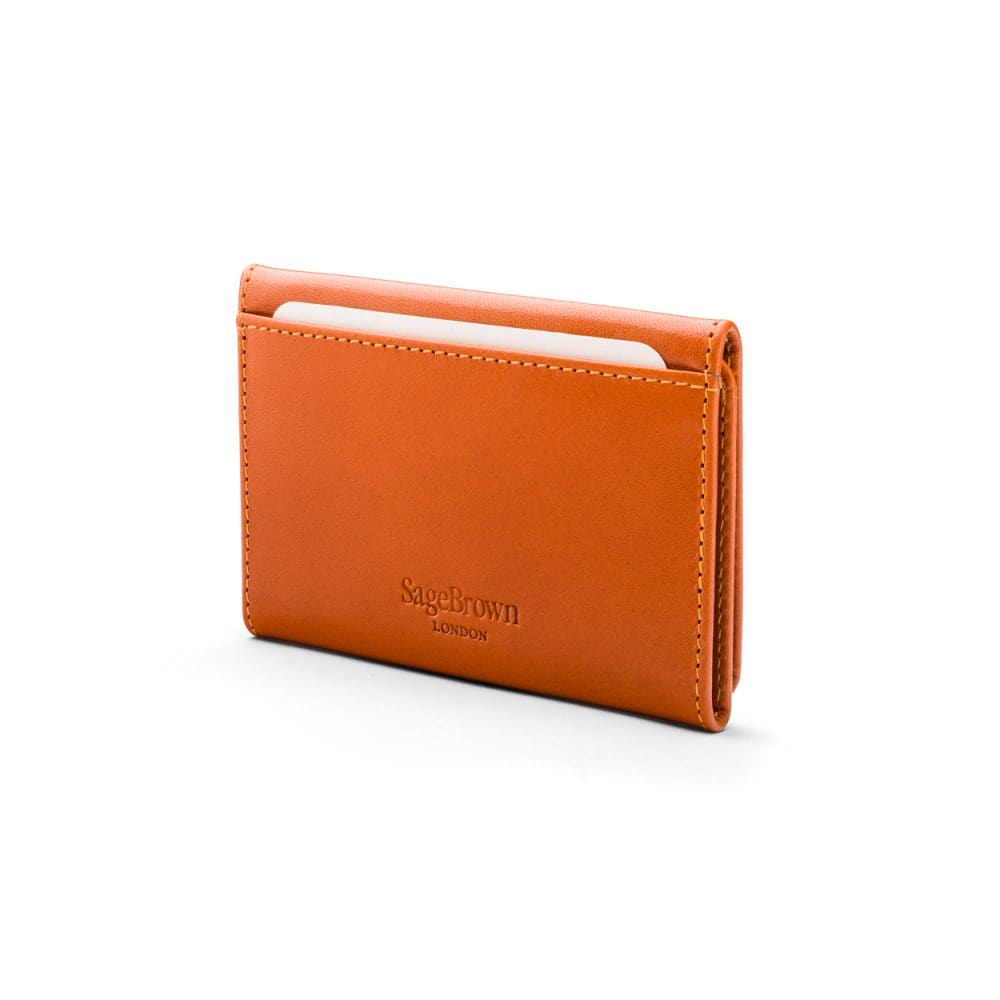 Leather tri-fold travel card holder, orange with red, back