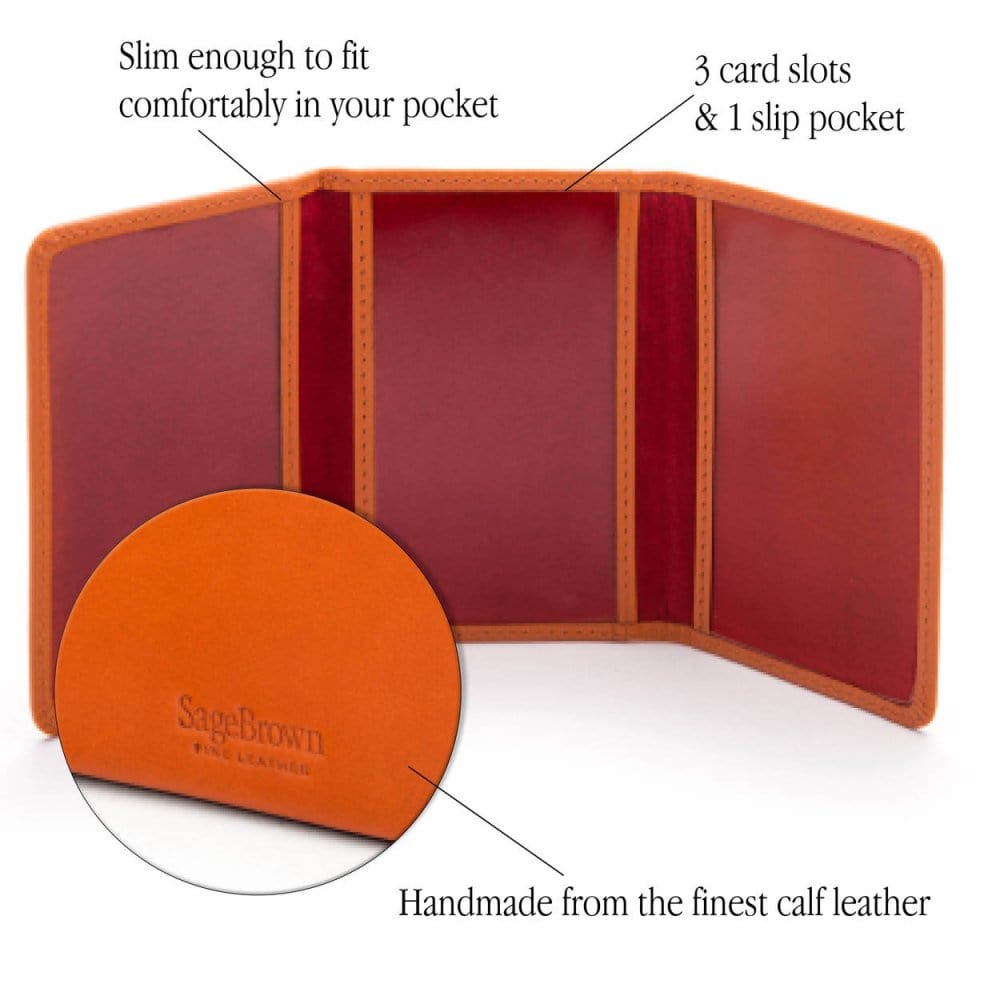 Leather tri-fold travel card holder, orange with red, features