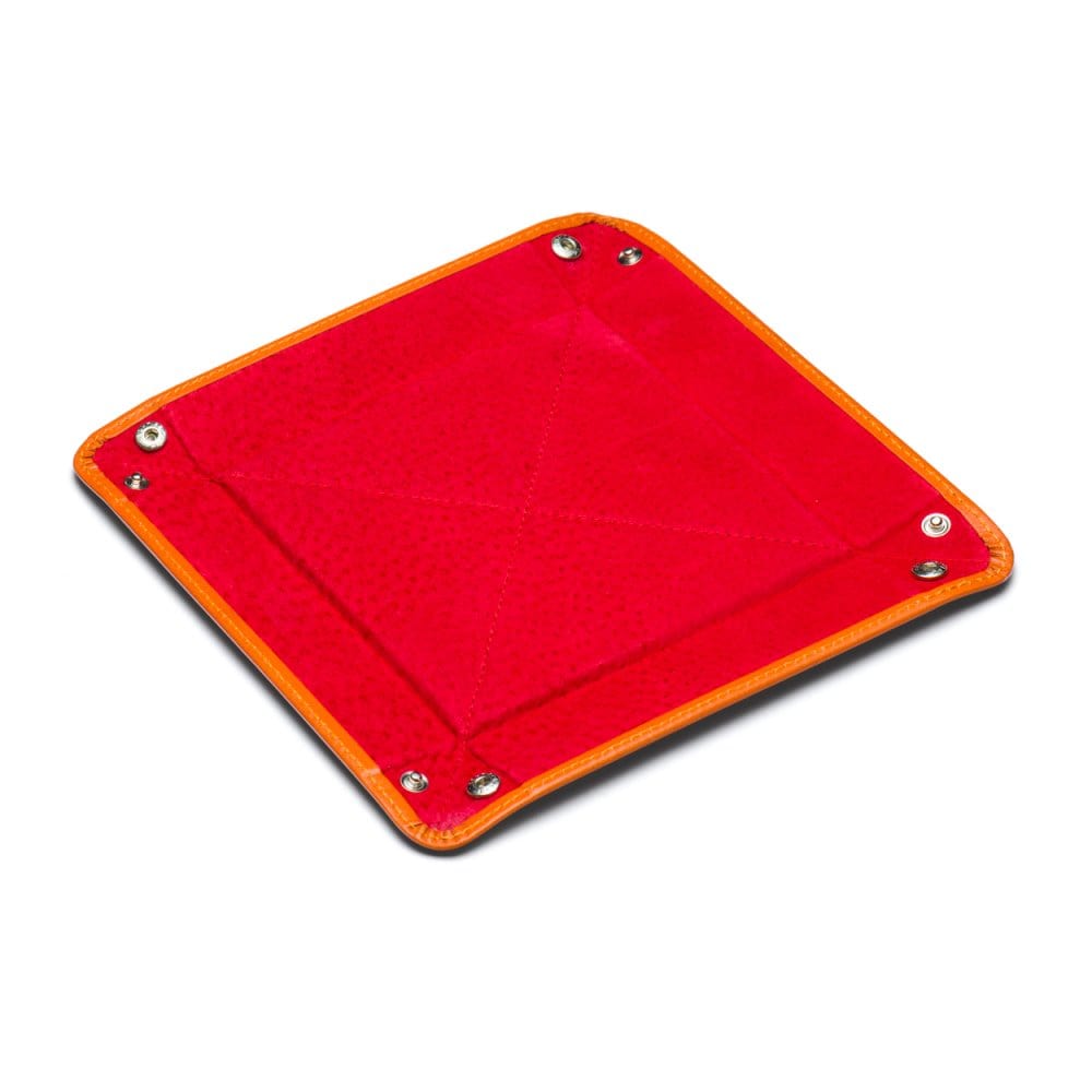 Leather valet tray, orange with red, flat