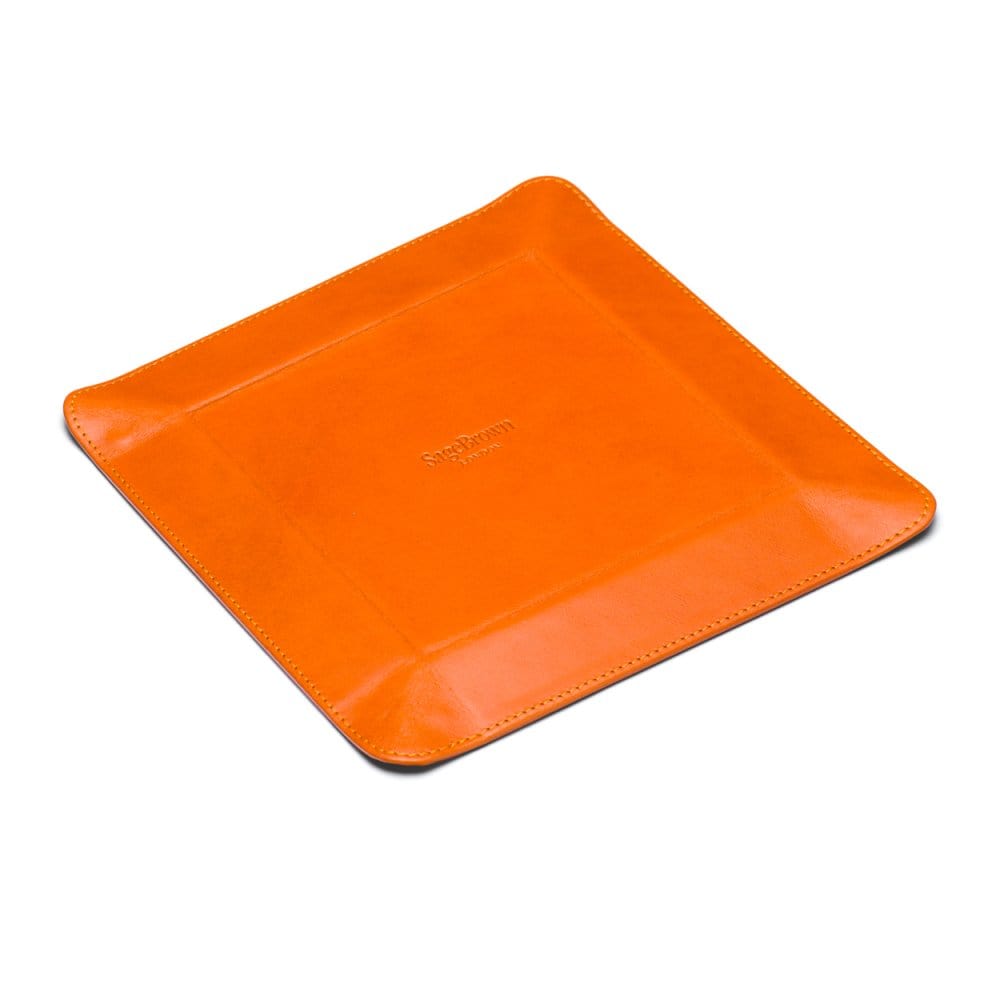 Leather valet tray, orange with red, flat base
