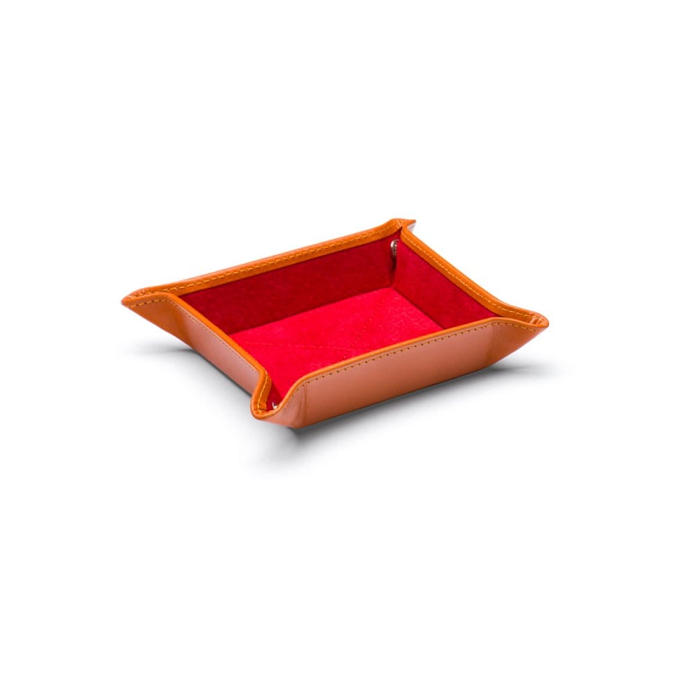 Small leather valet tray, orange with red, front