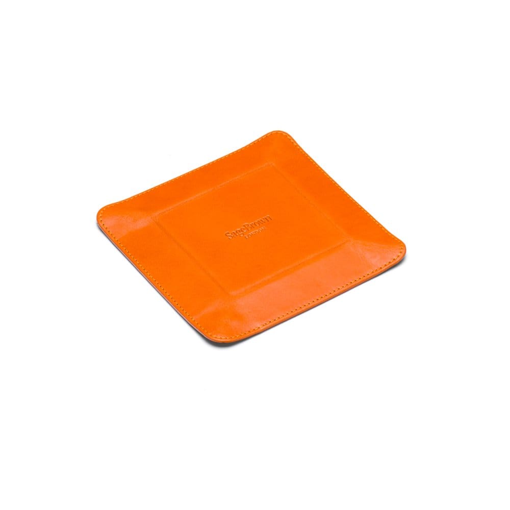 Small leather valet tray, orange with red, reverse