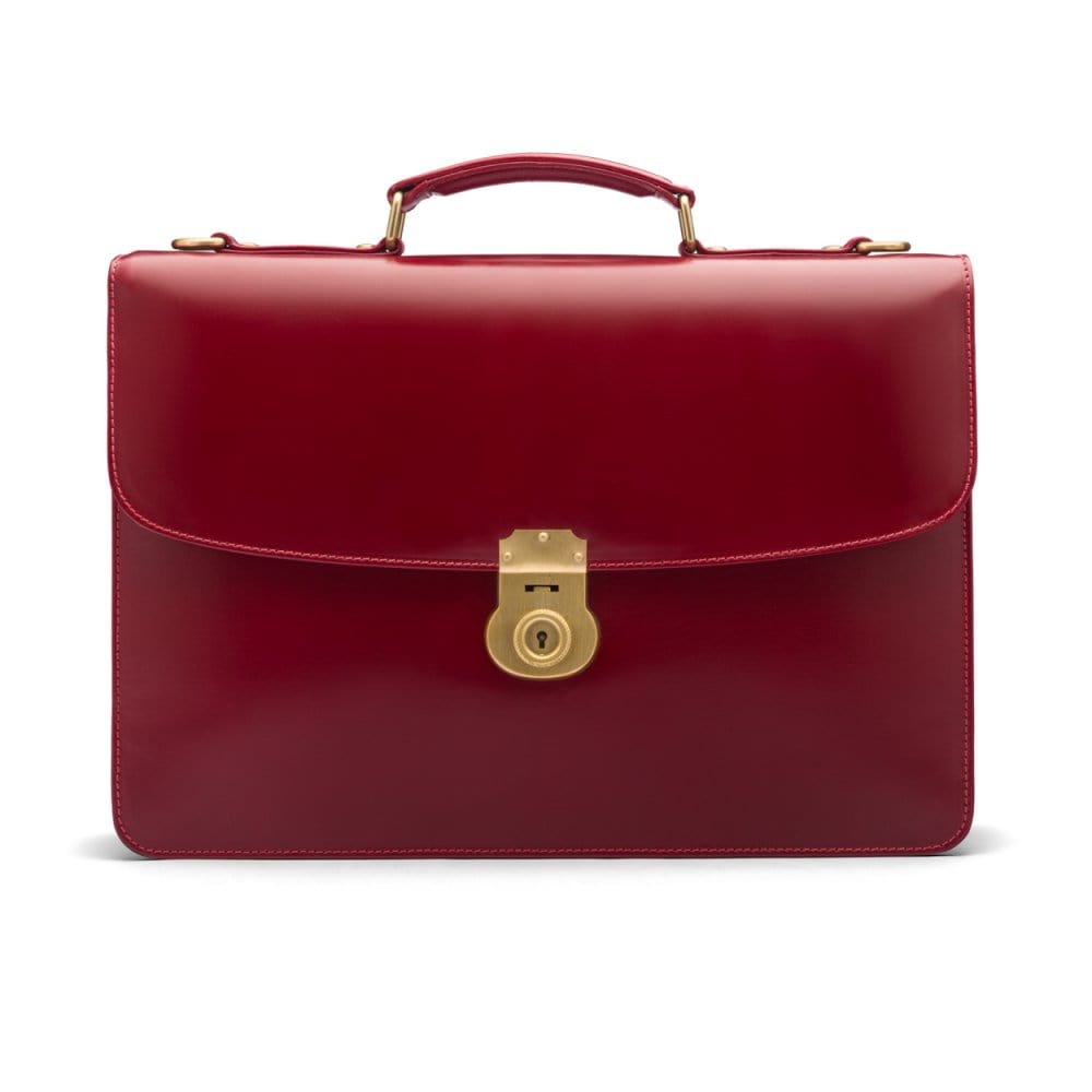 Bridle hide briefcase with brass lock, Harvard, red, front