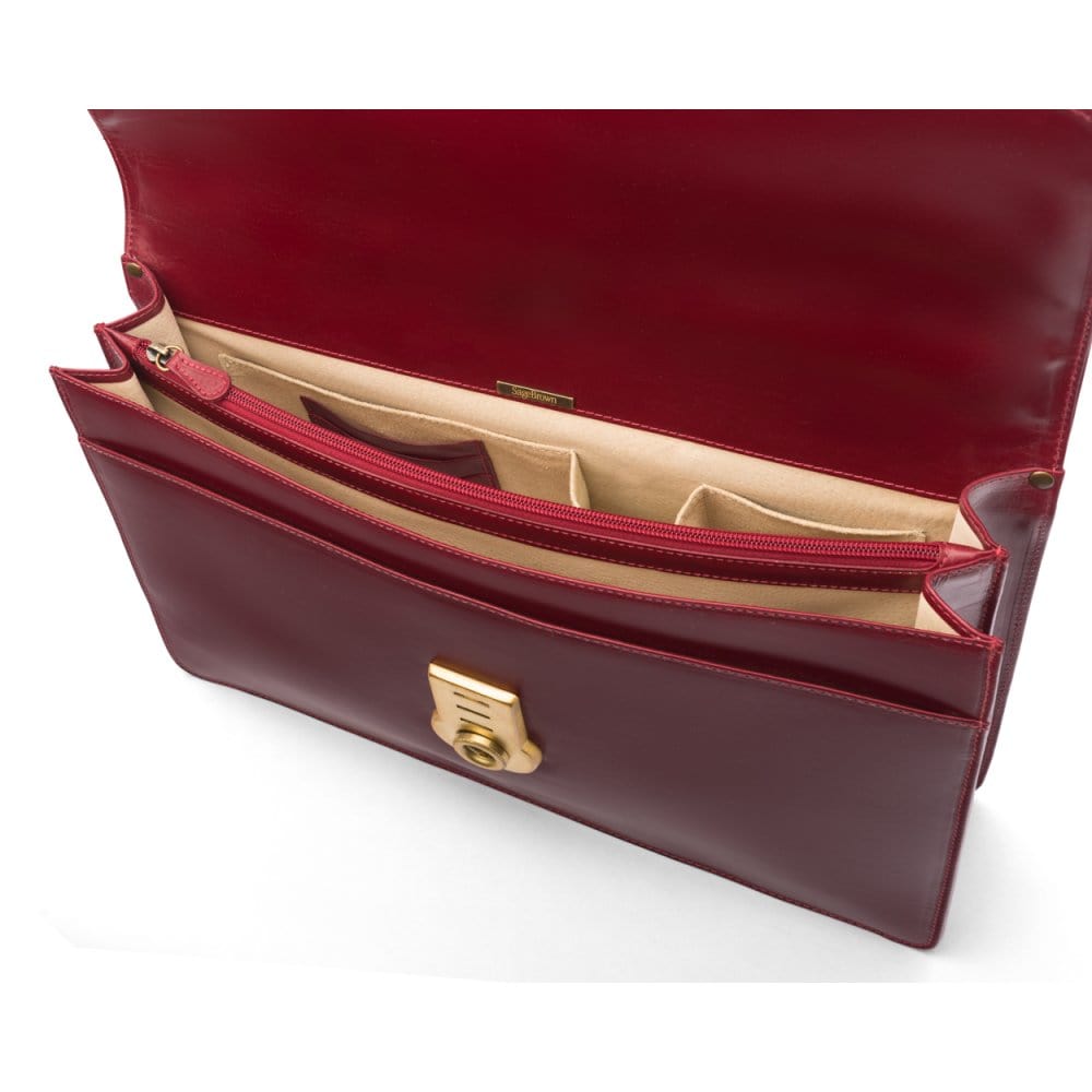 Bridle hide briefcase with brass lock, Harvard, red, inside