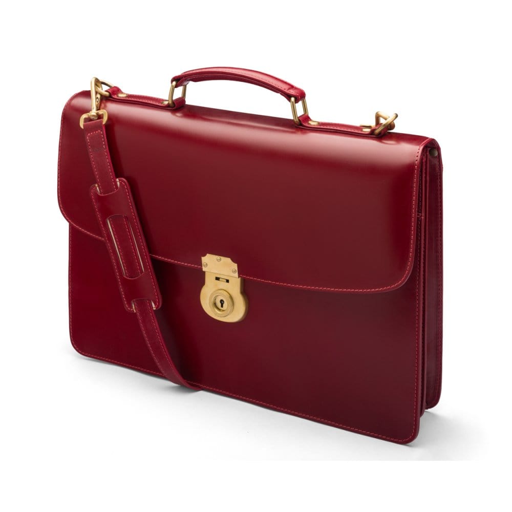 Bridle hide briefcase with brass lock, Harvard, red, side