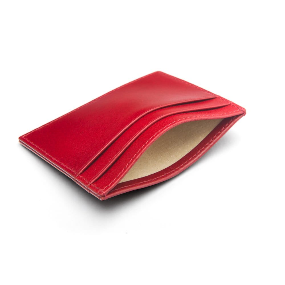 Flat leather credit card wallet 4 CC, red, inside