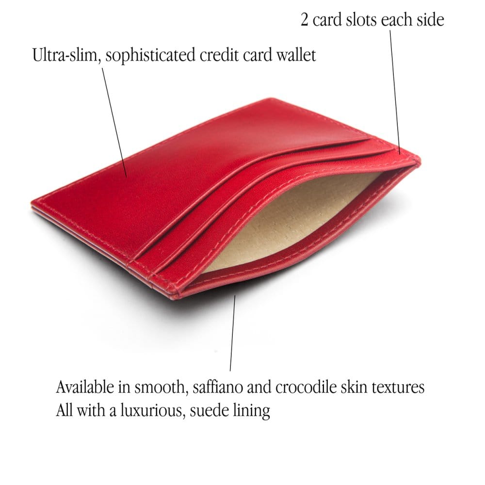 Flat leather credit card wallet 4 CC, red, features