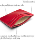 Flat leather credit card wallet 4 CC, red, features