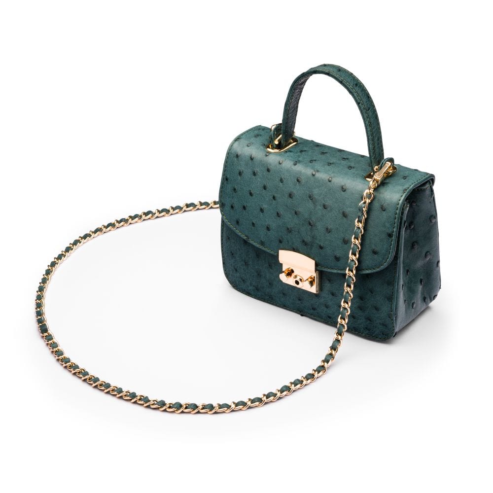 Ostrich leather Betty bag with top handle, green ostrich, side