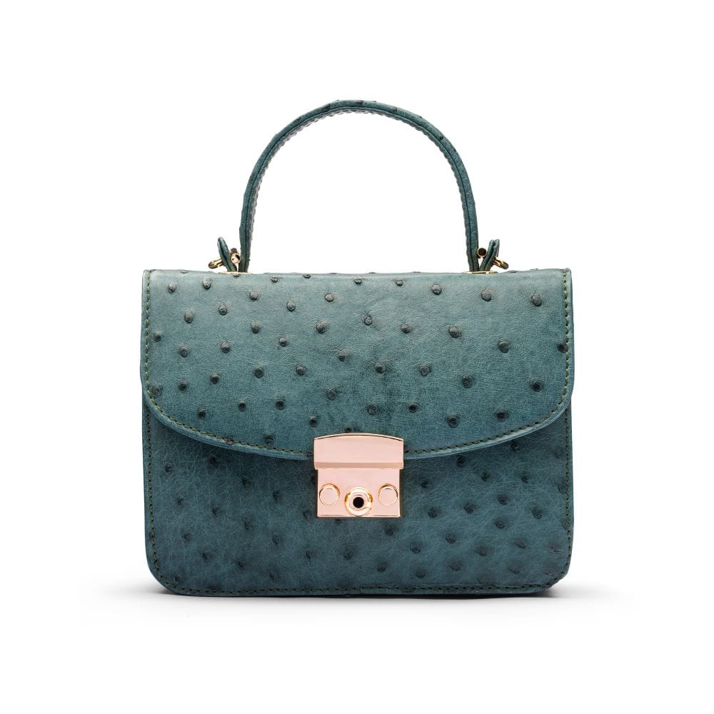 Ostrich leather Betty bag with top handle, green ostrich, front