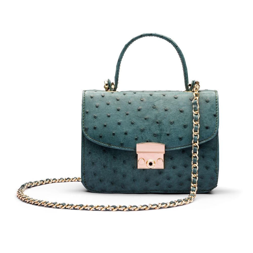 Ostrich leather Betty bag with top handle, green ostrich, with strap