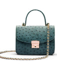 Ostrich leather Betty bag with top handle, green ostrich, with strap