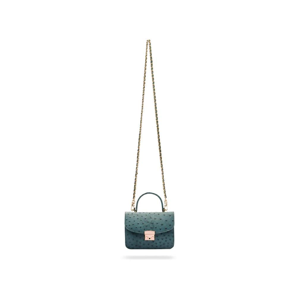 Ostrich leather Betty bag with top handle, green ostrich, with long strap