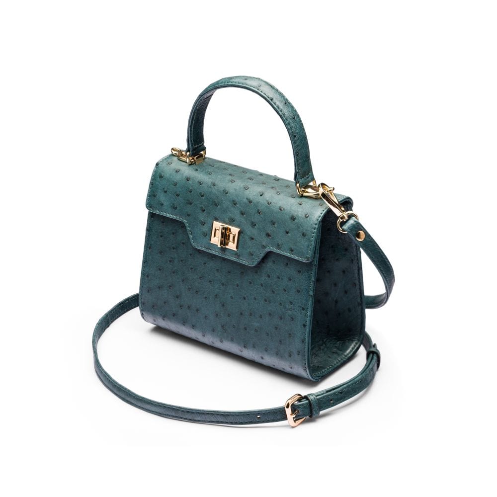 Mini ostrich leather Morgan Bag, top handle bag, petrol green, side view