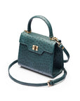 Mini ostrich leather Morgan Bag, top handle bag, petrol green, side view