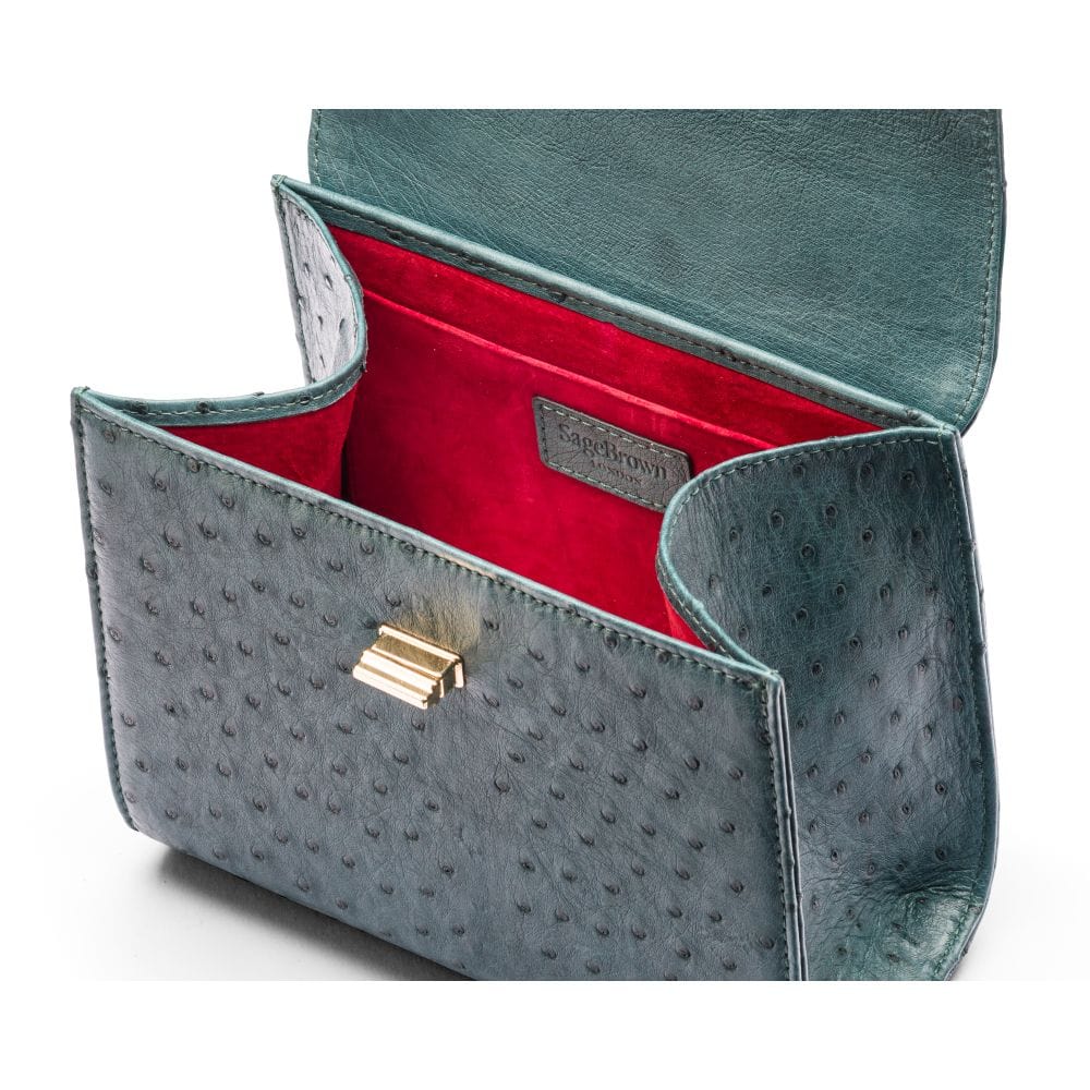 Mini ostrich leather Morgan Bag, top handle bag, petrol green, inside