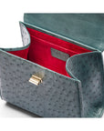 Mini ostrich leather Morgan Bag, top handle bag, petrol green, inside