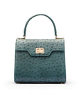 Mini ostrich leather Morgan Bag, top handle bag, petrol green, front