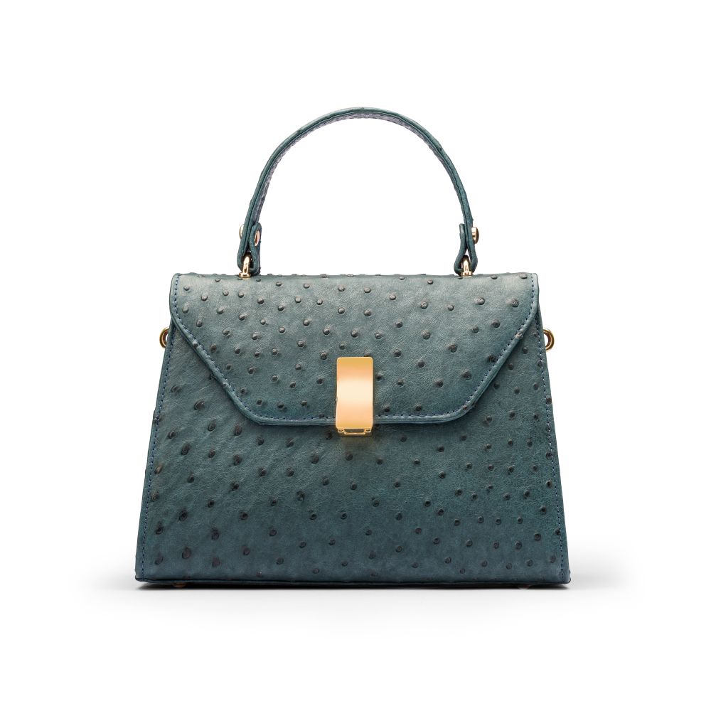 Ostrich leather top handle bag, petrol green, front