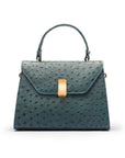 Ostrich leather top handle bag, petrol green, front