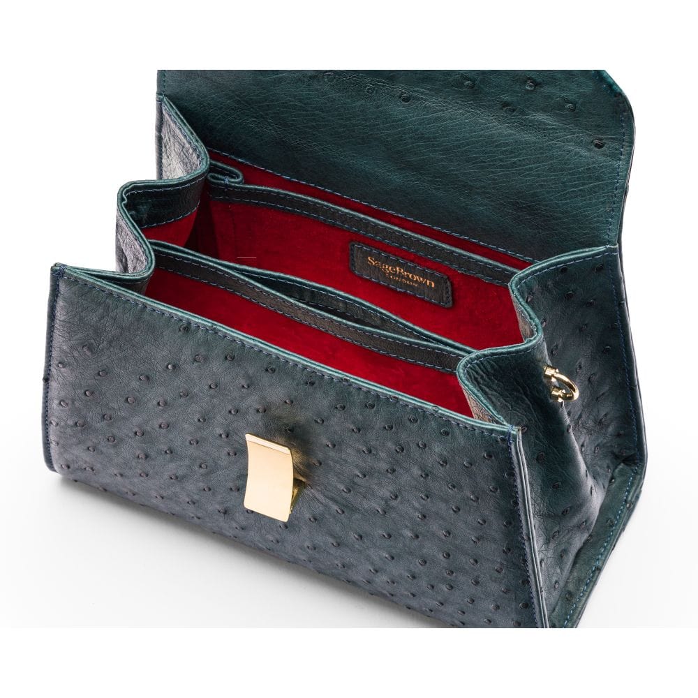 Ostrich leather top handle bag, petrol green, inside
