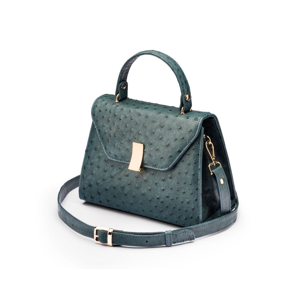 Ostrich leather top handle bag, petrol green, side