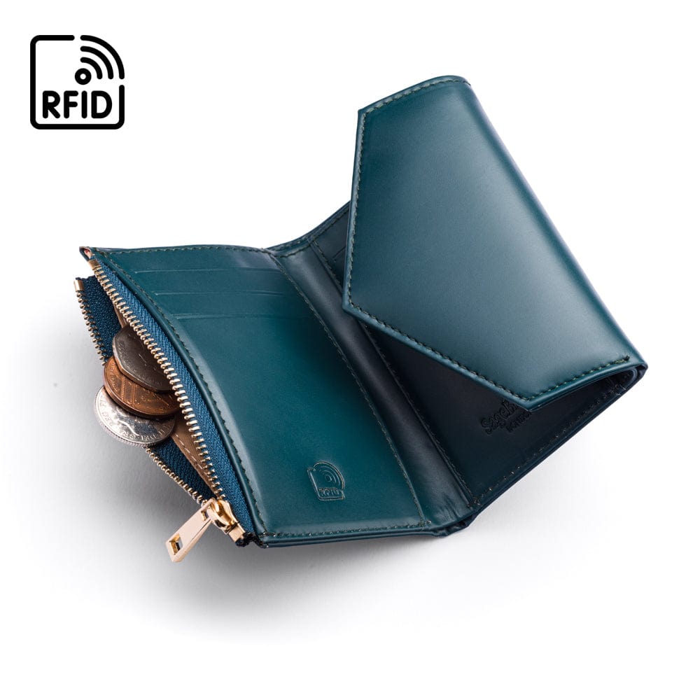 RFID blocking leather envelope purse, petrol green, open view