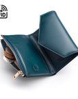 RFID blocking leather envelope purse, petrol green, open view